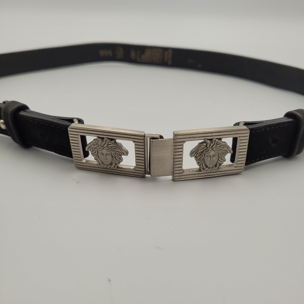 Gianni Versace Vintage Black Leather Pony Hair Medusa Head Belt 70/28 Silver - Picture 2 of 9